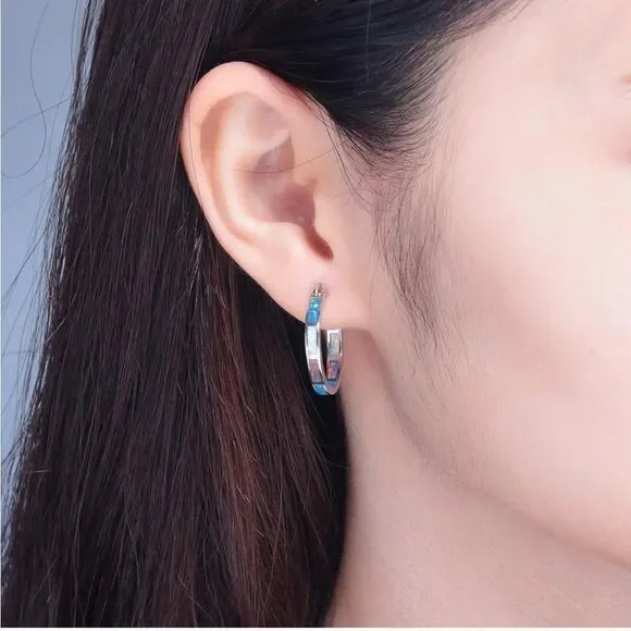 14K White Gold with Genuine Red White and Blue Fire Opal Round Hoop Earrings - Picture 4 of 4